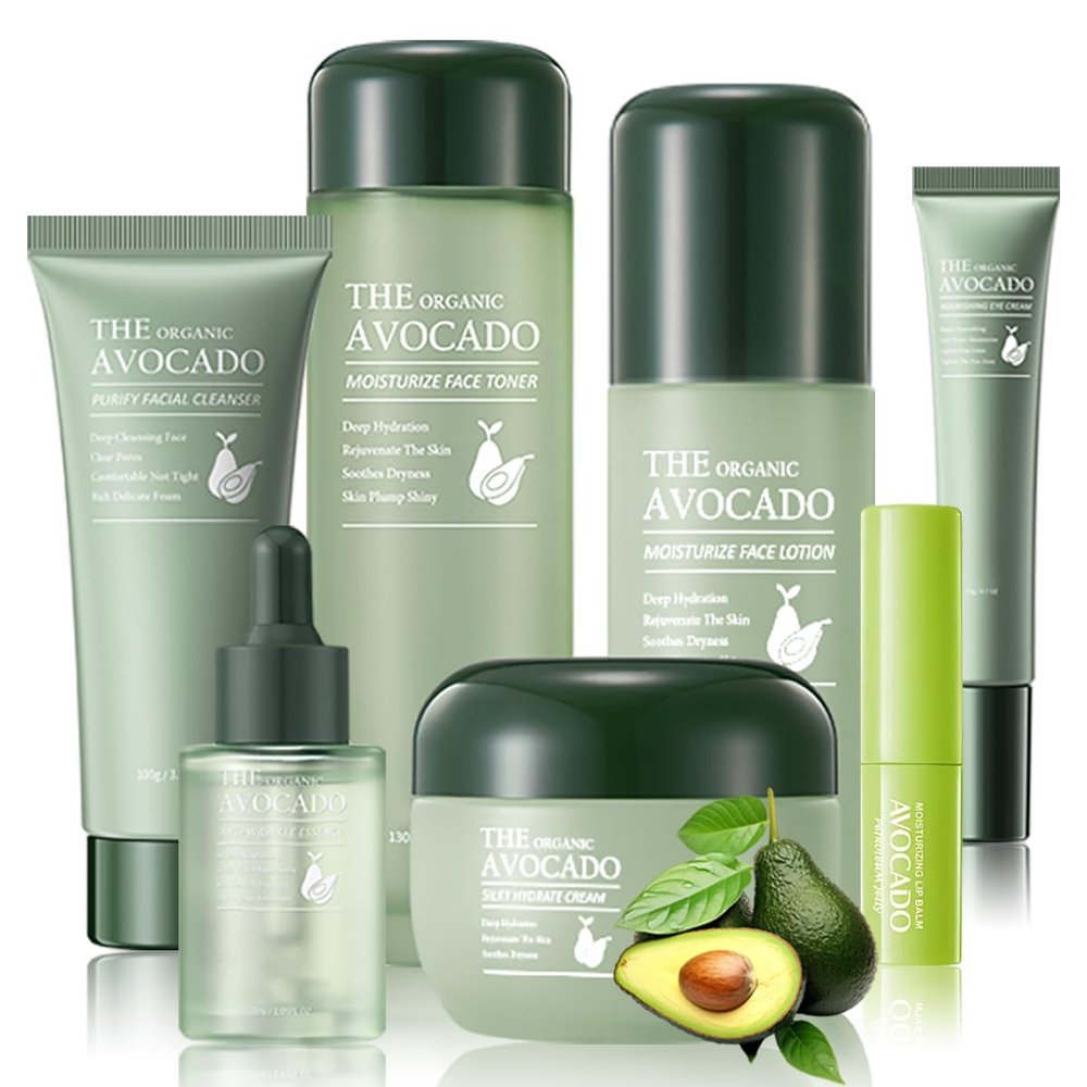 Avocado Skincare Kit, 7-In-1Skincare Gift Set, Skin Care Set With Facial Cleanser, Toner, Moisturizing Lotion, Eye Cream, Face Serum, Facial Cream, Lip Balm For Women Teen Daily Skin Care (7 Count)