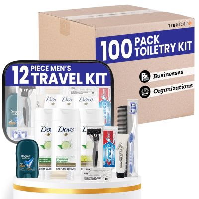 Trektote Bulk Hygiene Kit For Men (100 Pack) 12 Piece Set Of Travel Size Toiletries, TSA Compliant, Bulk Travel Essentials, Includes Shampoo And Conditioner, Body Wash, Toiletry Bag & More
