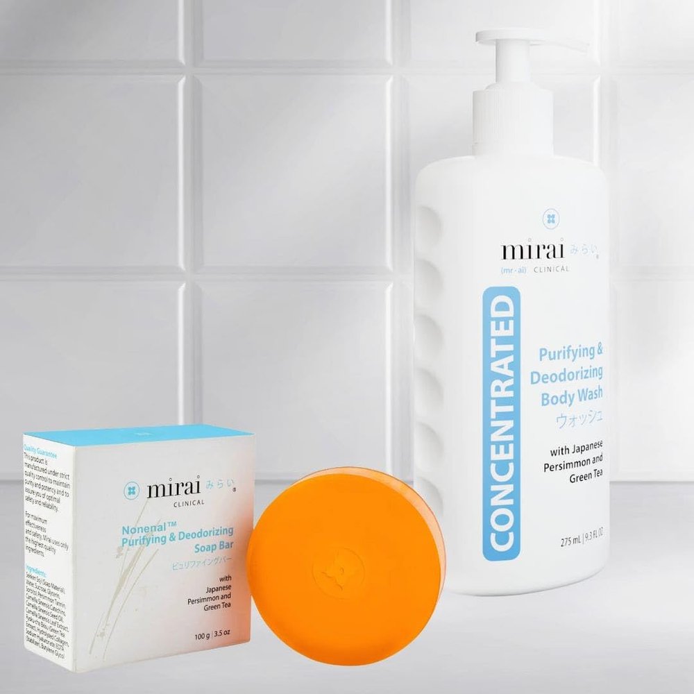 Mirai Clinical Persimmon Body Wash Clinical Persimmon Soap Bar Bundle for Body Odor and Nonenal Aging Odor Natural Deodorizing Soap with Persimmon Extract and Green Tea Gentle on Sensiti