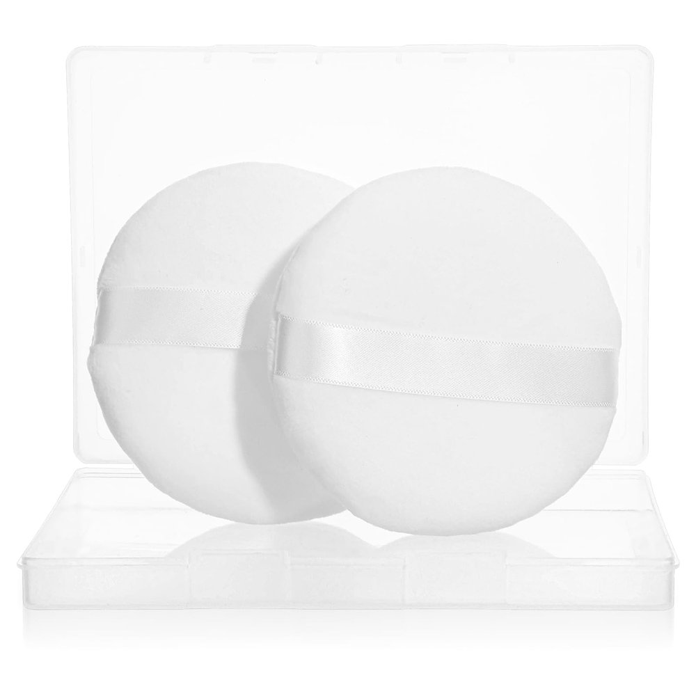 2 Pcs Powder Puff 4 Inch Large Body Powder Puff and Container Soft Velour Puffs Loose Puffs for Face Makeup Foundation Blending, White