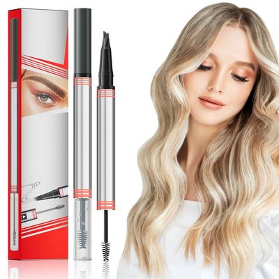 2 In 1 Brow Pen and Sealing Brow Pencil, 2025 New Magical Waterproof Brow Pencil, Dual-Ended 3D Waterproof Microblading Eyebrow Pen, 4 Tip Brown Pencil with Brow Brush 2 In 1 Brows (Gray)