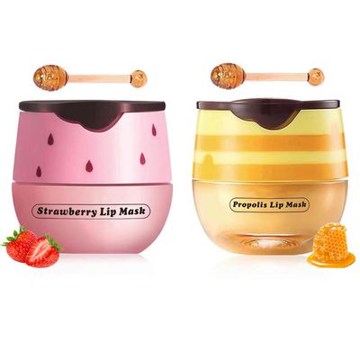 2 PCS Honey & Strawberry Lip Balm, Sleeping Lip mask, Propolis Moisturizing Lip Balm with Stick, Hydrating Prevention Dry & Cracked, Reduce lip Lines