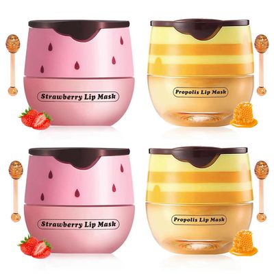 4 PCS Honey & Strawberry Lip Balm, Sleeping Lip mask, Propolis Moisturizing Lip Balm with Stick, Hydrating Prevention Dry & Cracked, Reduce lip Lines