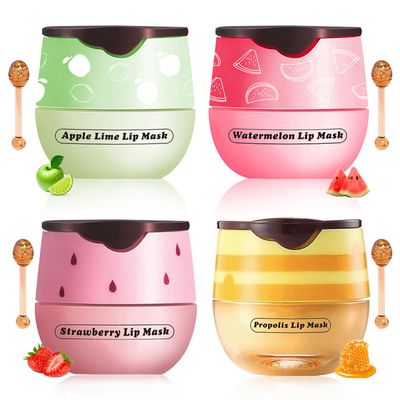 4 PCS Honey Lip Balm, Vitamin E Propolis & Strawberry & Watermelon & Apple Lime Lip Sleeping Mask Moisturizing Lip Balm with Stick, Hydrating Prevention Dry & Cracked Lip Care (4 Flavors)