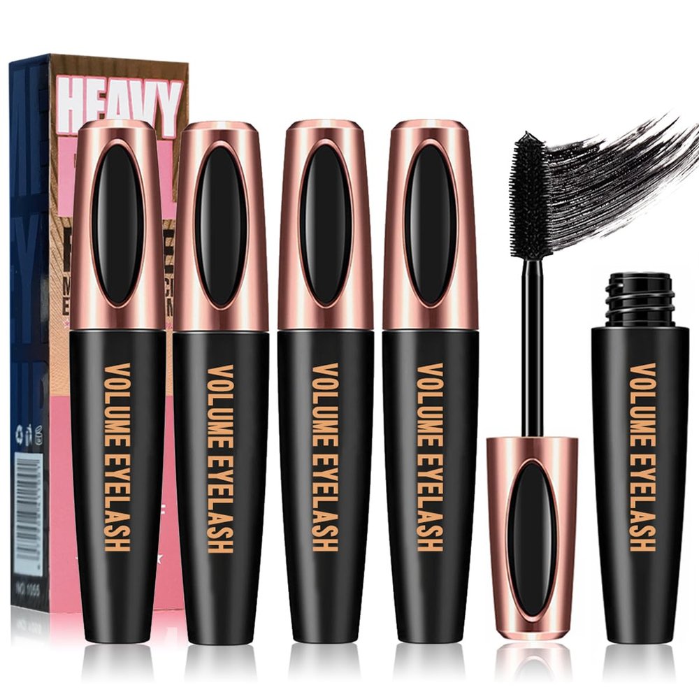 4D Silk Fiber Lash Mascara, Long-Lasting Waterproof Smudge-Proof, Non-Flaking Natural No Clumping Thickens, Lengthens, And Volumizes, Black Mascara Hypoallergenic Formula (4 Packs)