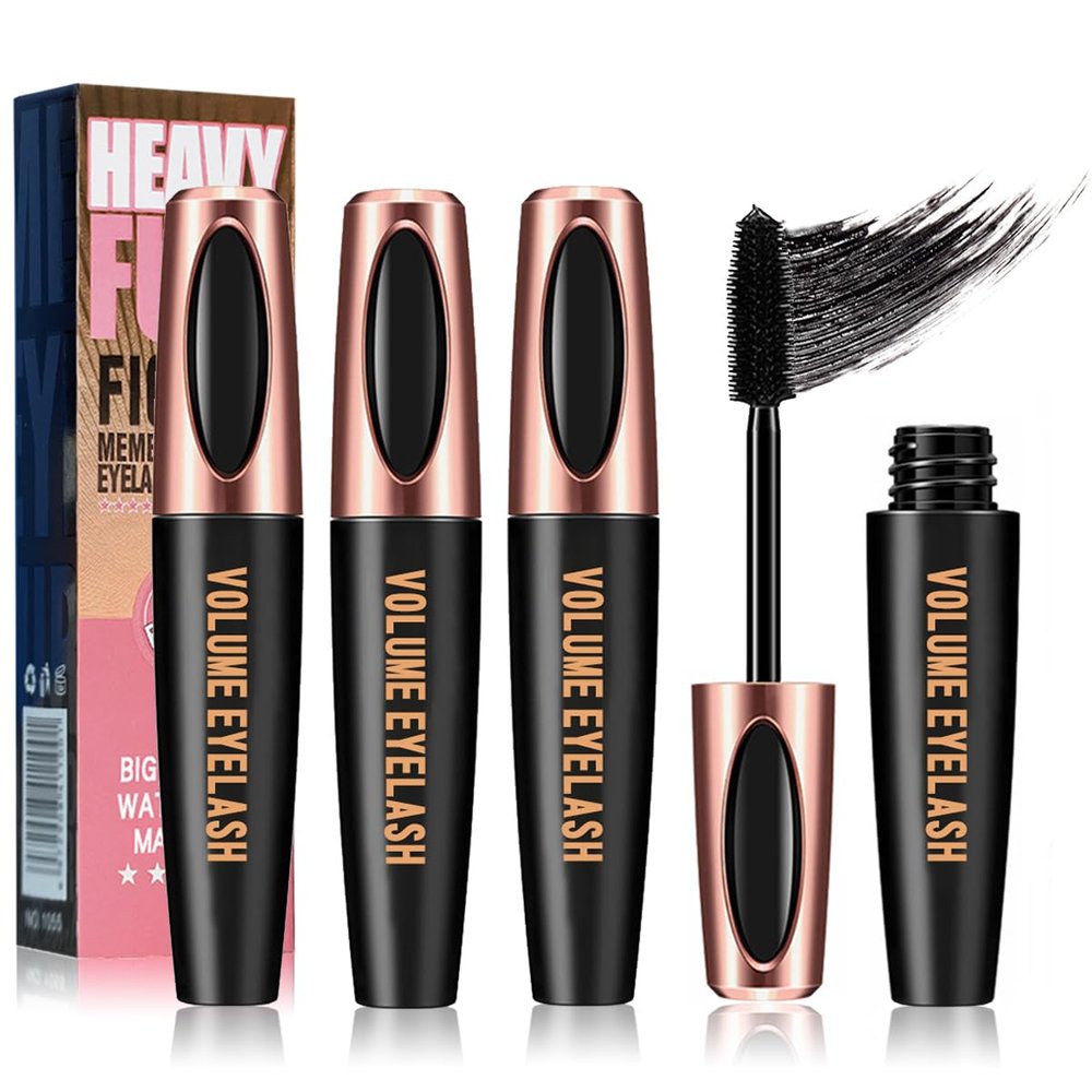4D Silk Fiber Lash Mascara, Long-Lasting Waterproof Smudge-Proof, Non-Flaking Natural No Clumping Thickens, Lengthens, And Volumizes, Black Mascara Hypoallergenic Formula (3 Packs)