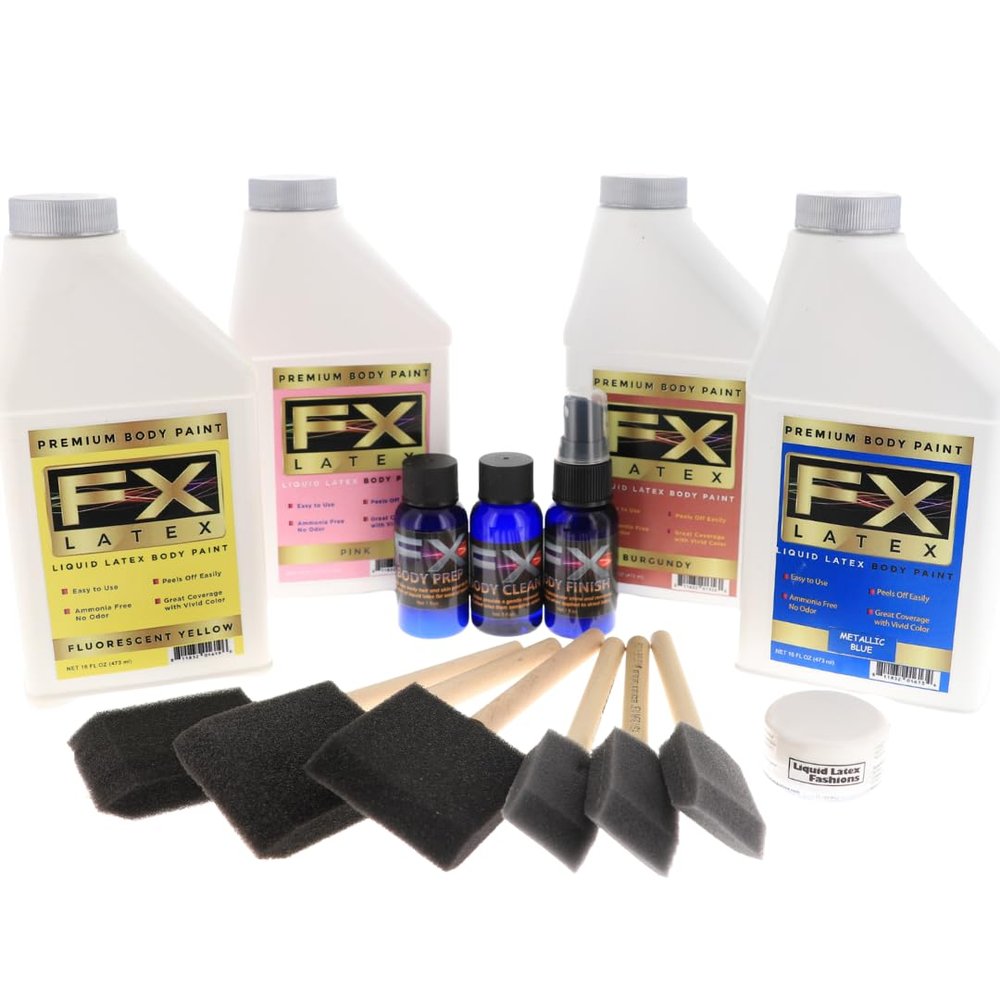 (4) 16oz Liquid Latex Build Your Own Pack + Brushes, Prep Kit, and Stardust- Fantasy Fun Body Paint Kit, Sports, Theater, Film, Makeup