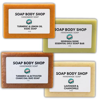 4-Piece Goats Milk Soap Set  Natural Face & Body Bars: Turmeric & Lemon Kojic, Turmeric & Charcoal Duo, Moringa Essential Oils, and Lavender & Chamomile  Nourishing, Hydrating, 4 oz Each.
