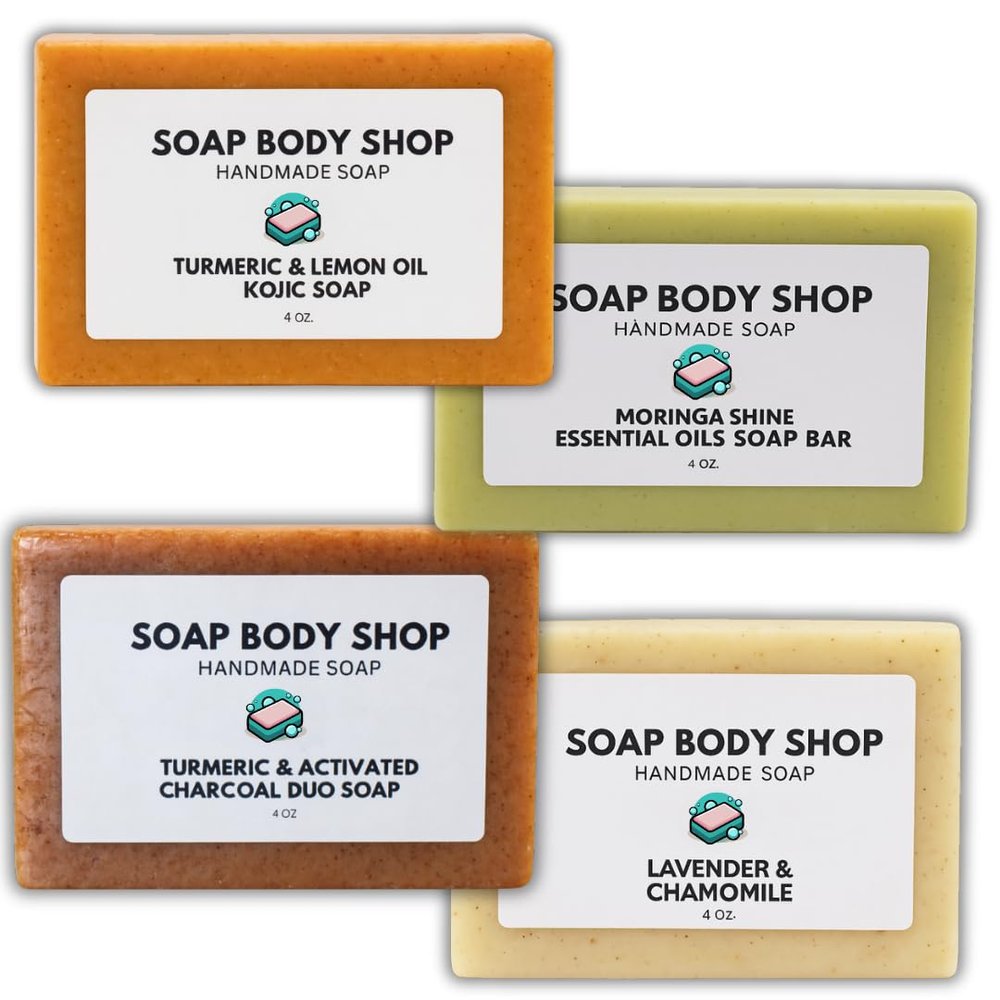 4-Piece Goats Milk Soap Set  Natural Face & Body Bars: Turmeric & Lemon Kojic, Turmeric & Charcoal Duo, Moringa Essential Oils, and Lavender & Chamomile  Nourishing, Hydrating, 4 oz Each.