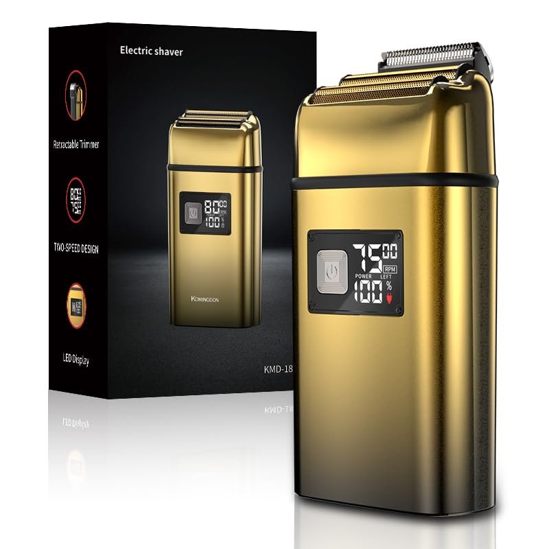 KOMINGDON Electric Foil Shaver for Men,Electric Razor with Pop-up Trimmer,Cordless Beard Trimmer,Waterproof,Wet & Dry Shaving,LED Display,2-Speed Mode (Gold)