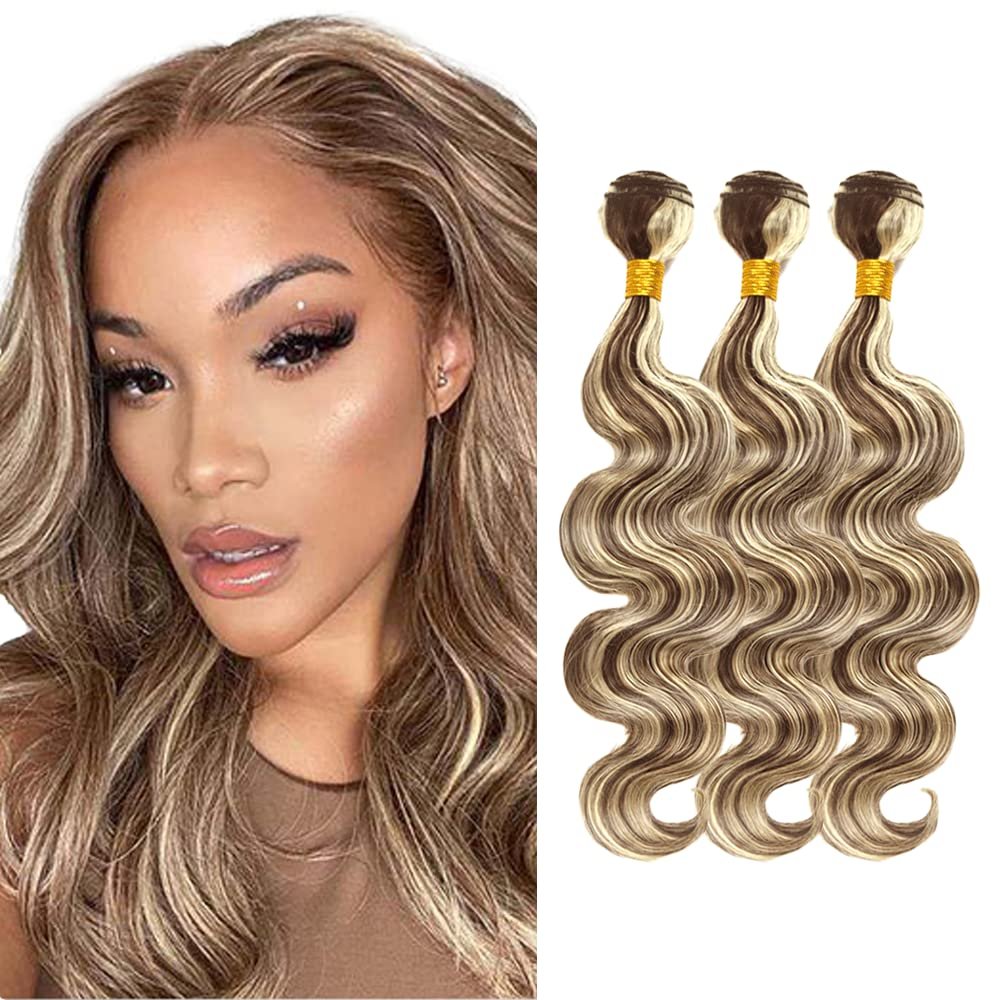 P4/613 Highlight Blonde Bundles Body Wave Bundles Human Hair 30 32 34 Inch Unprocessed Brazilian Virgin Hair Weave 3 Bundles Brown Body Wave Human Hair Extensions 50 Grams Per Bundle For Woman
