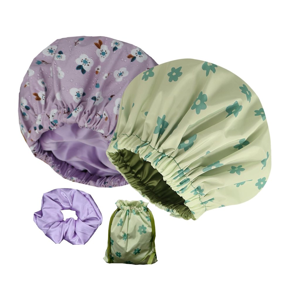 2Pcs Genergy Luxury Shower Cap Adjustable, Large& Reusable & Silky Satin Lined Shower Cap Waterproof for Women, Washable &Double Layers &Reversible Bath Bonnet(green+purple flower)