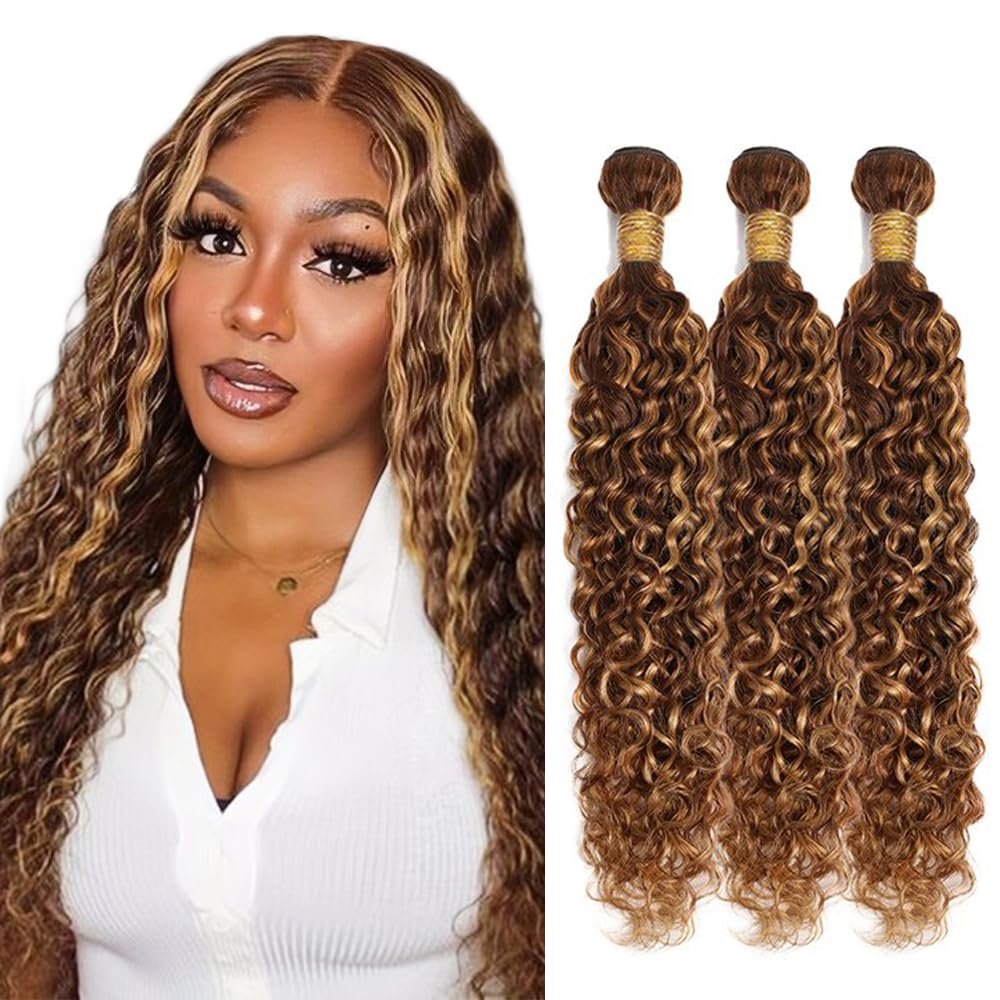 P4/27 Highlight Blonde Bundles Water Wave Bundles Human Hair 28 28 28 Inch Unprocessed Brazilian Virgin Weave Hairs Brown 3 Bundle Human Hair Extensions 50 Gram Per Bundle