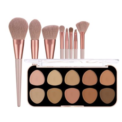 Clouparto 10 Colors Concealer Palette, Contour Makeup Palette Color Corrector for Dark Circles Acne Blemish Tattoo +8 Pcs Blush Foundation Powder Eye Shadows Makeup Brushs