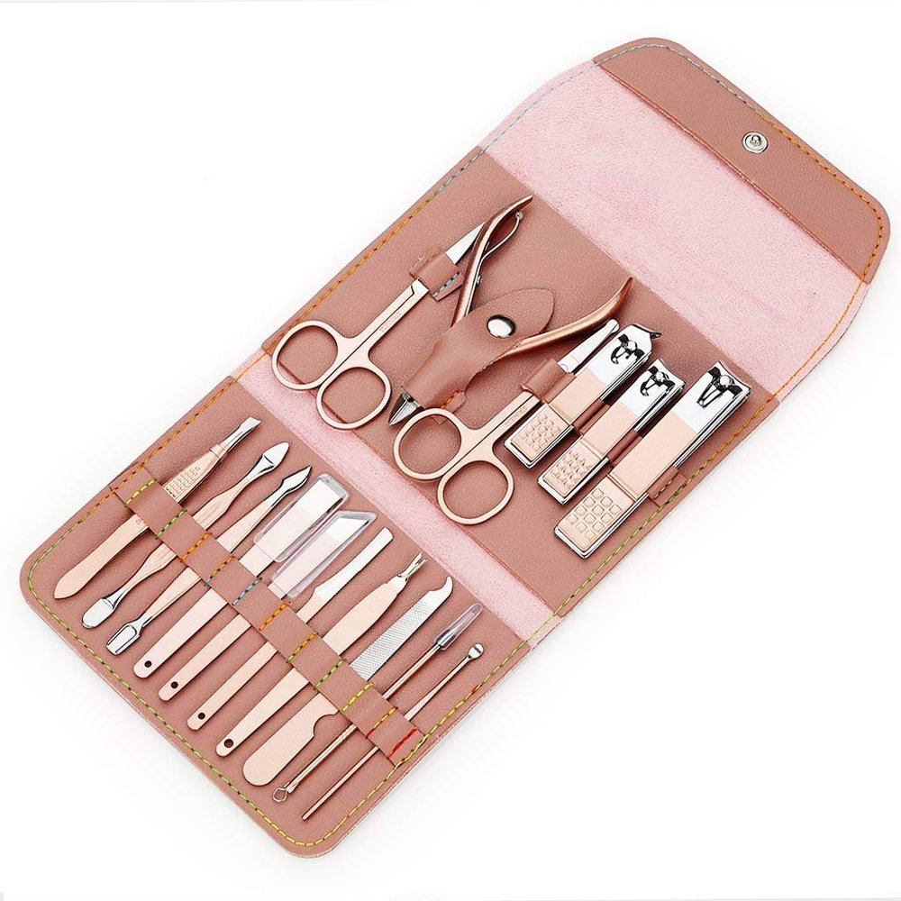 16Pcs/Set Rose Gold Nail Clipper Set Professional Stainless Steel Nail Scissors Clipper Tweezer Tools Family Foot Hand Care Set