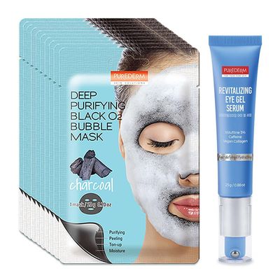 Purederm Revitalizing Eye Gel Serum  Cooling Eye Roller with 5% Volufiline, Caffeine & Vegan Collagen & Purederm Deep Purifying Black O2 Bubble Mask Charcoal (10 Pack)