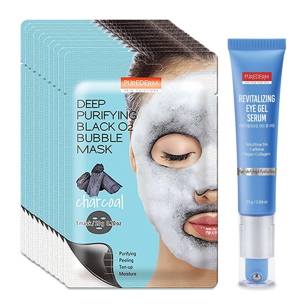 Purederm Revitalizing Eye Gel Serum  Cooling Eye Roller with 5% Volufiline, Caffeine & Vegan Collagen & Purederm Deep Purifying Black O2 Bubble Mask Charcoal (10 Pack)