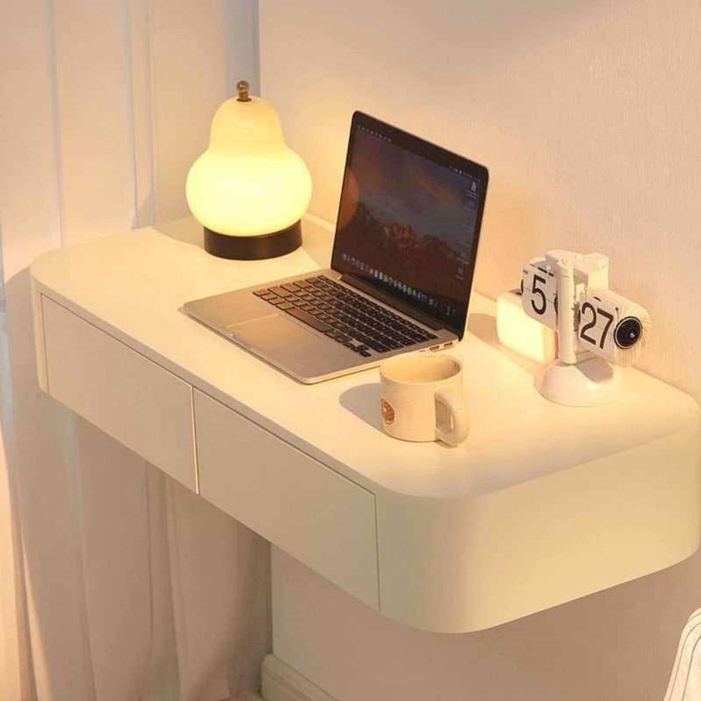 Wall Mounted Floating Makeup Desk with 2 Drawers - Wooden Dressing Table for Bedroom and Living Room