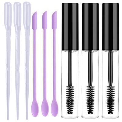 Barbunos Coniglio Empty Mascara Tubes, 10ml, 3/5 Pack with Wands, Refillable, Clear, Solid Form, Mini Silicone Spatulas and Pipettes for DIY Cosmetics (5) (Pack-of-3)