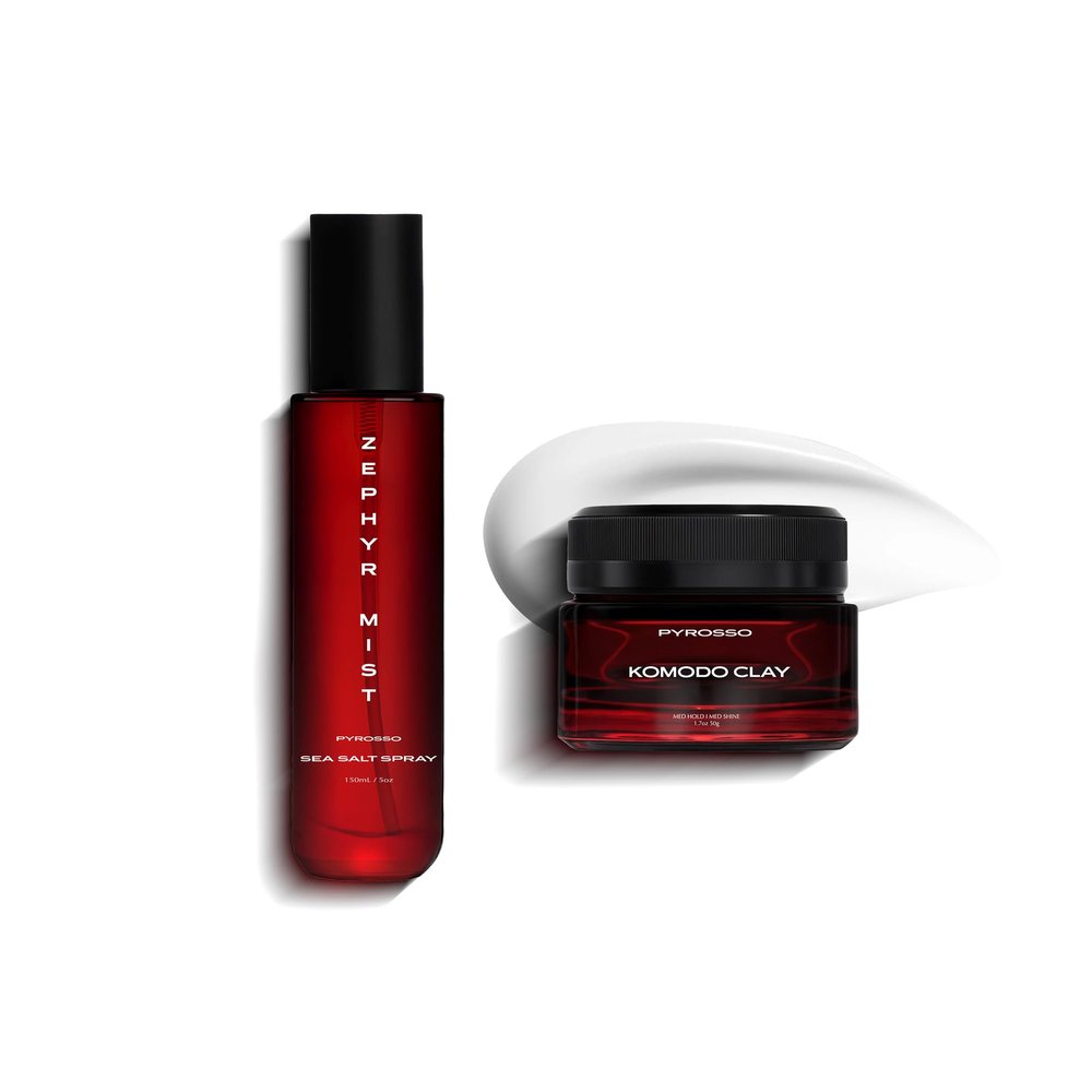Pyrosso Style Duo, Komodo Hair Clay and Zephyr Sea Salt Spray Set, Professional Styling Products for Volume and Texture