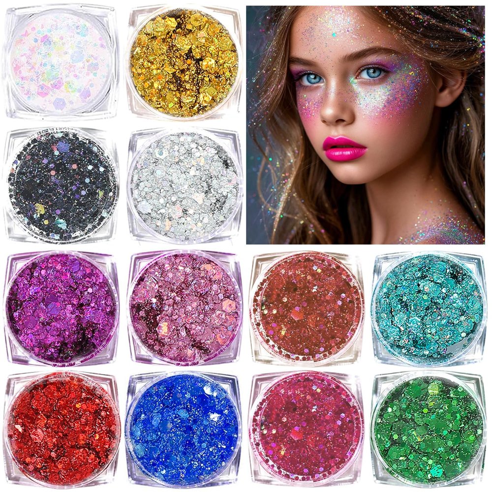 Body Glitter Face Glitter, Hair Glitter for Kids, 12 Shapes Fine Chunky Glitter Gel for Women Girls Makeup Sparkles Party Mermaid Sequins Rave Accessories Singer Concerts Festival (12 Colors)