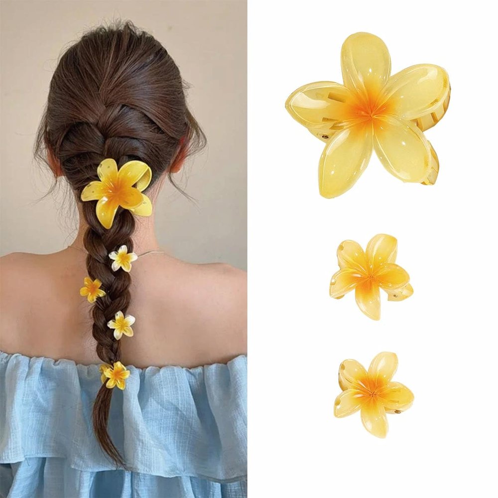 LINMEIZAI 3Pcs Flower Hair Clips, Yellow Gradient Spring Claw Clips for Women & Girls, Vacation & Party Hair Accessories Kit (1 Large + 2 Small)
