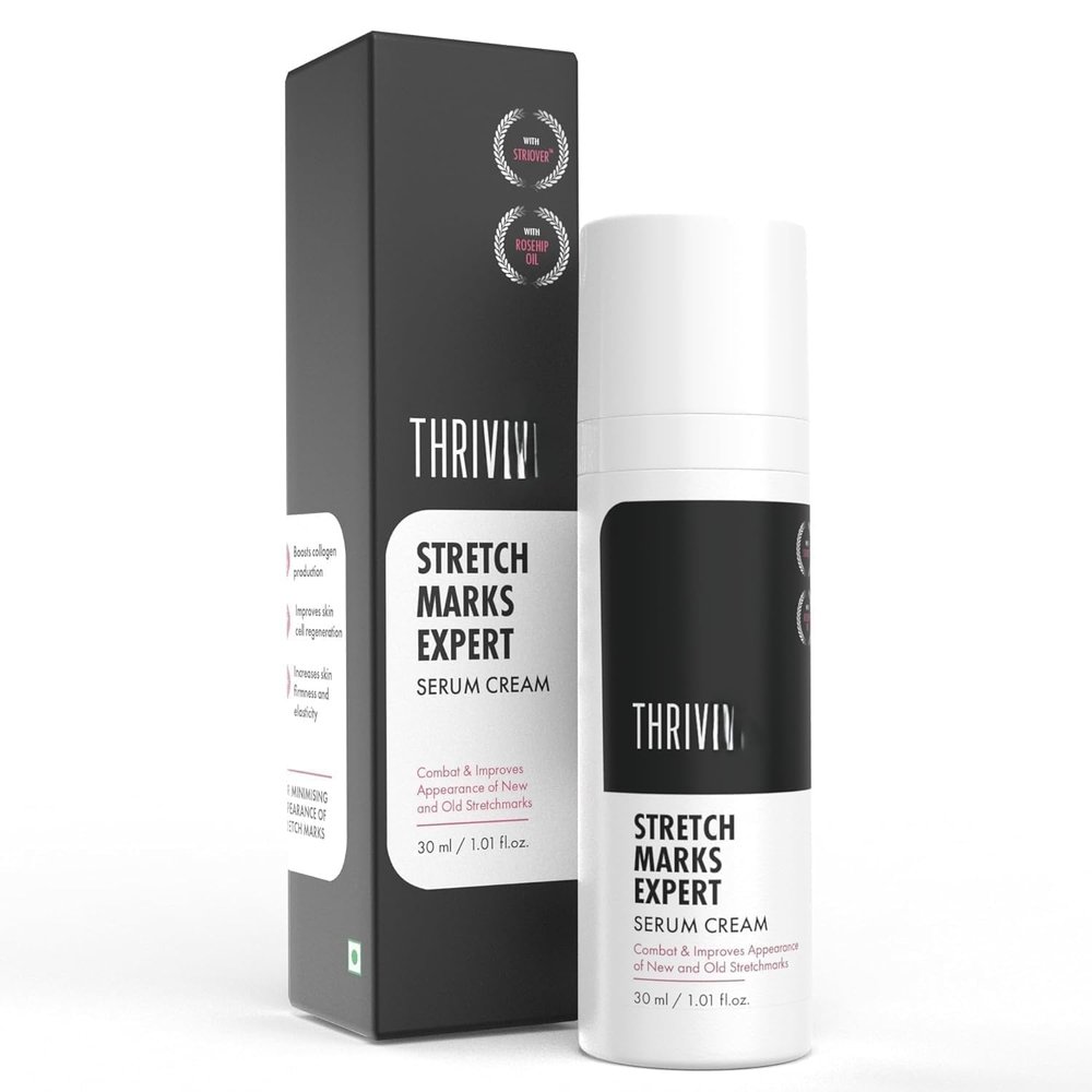 Thrive..Co. Stretch Marks Expert Serum Cream | For New (red) & Old (white) Stretch Marks Removal & Skin Hydration | Powered by Striover, Rosehip Oil & Squalane | For Men & Women | 30ml