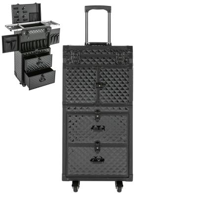 Wawuwao Rolling Cosmetic Case, 15.35 * 10.4 * 32.28in Hairdressing Rolling Case with Drawers and Locks, 33.07lbs Load-Bearing Trolley Makeup Train Case for Salon & Travel