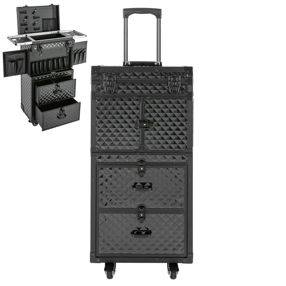 Wawuwao Rolling Cosmetic Case, 15.35 * 10.4 * 32.28in Hairdressing Rolling Case with Drawers and Locks, 33.07lbs Load-Bearing Trolley Makeup Train Case for Salon & Travel