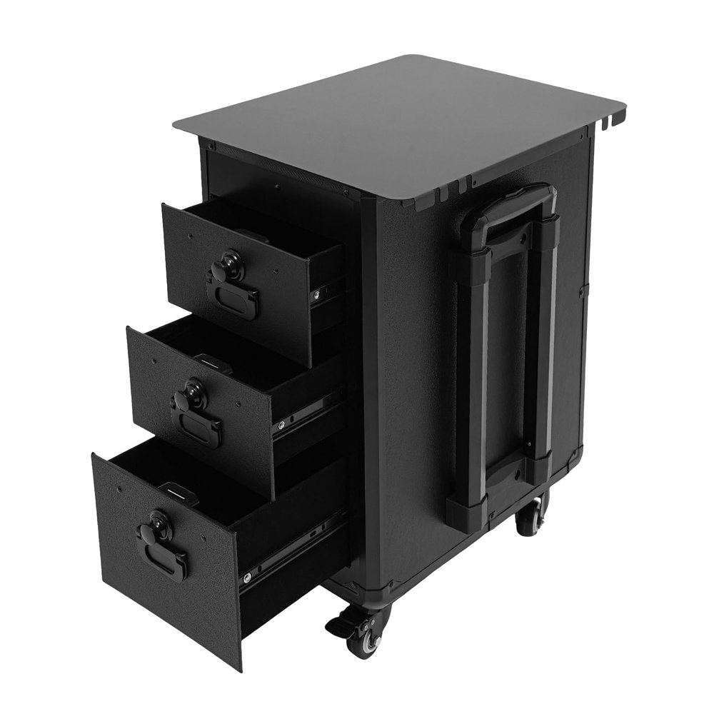 Ageanbri Rolling Makeup Case Tattoo Travel Station with 3 Drawers Adjustable Tattoo Armrest Portable Trolley with Universal Wheels for Cosmetologist, Nail Artist, Barber, Hair (Metal)