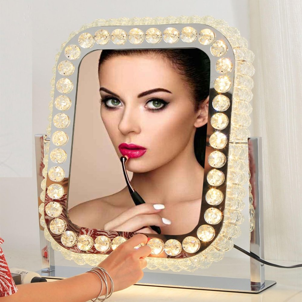 Crystal Vanity Mirror with Lights 3 Color Changing Dimmable 360 Rotation Diamond Rectangle Crystal Lighted Makeup Mirror for Tabletop Desk Makeup Vanity Mirror with Lights