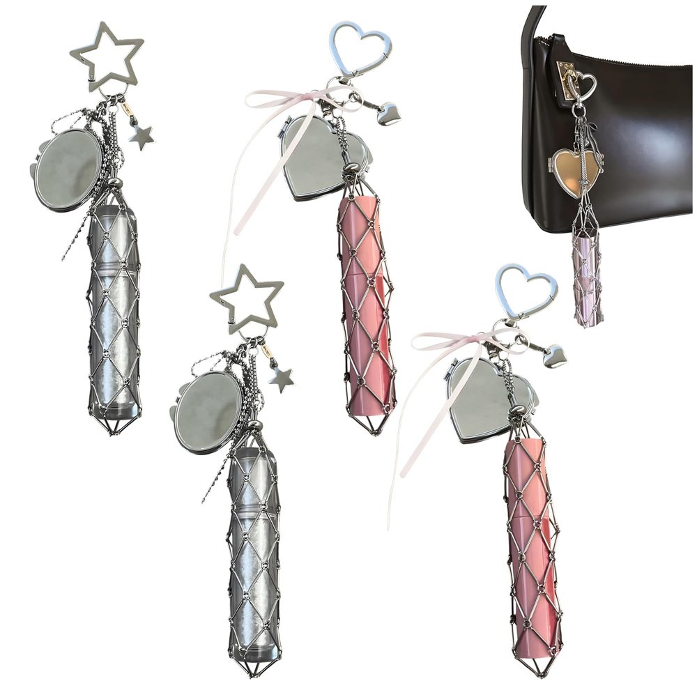 Atlodas Lipstick Holder Stainless, Chic Lip Gloss Holder with Mirror, 2in1 Lipstick Holders for Purse, Keychain Lipgloss, Small Bling Crystal Lipsticks Storage Bag Key Chain (4 Pcs)