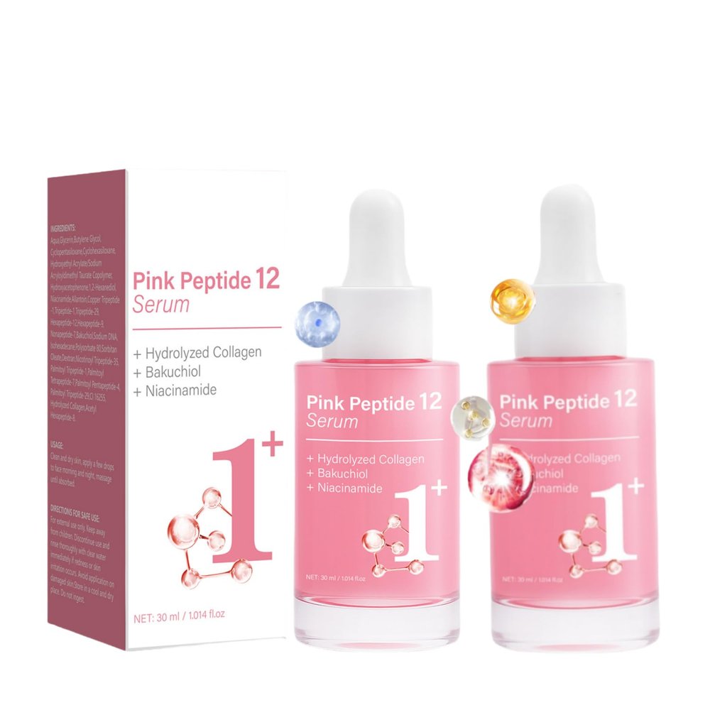 (2-Pack) Pink Peptide 12 Serum with Niacinamide, Bakuchiol & Collagen - Brightens Skin Tone, Minimizes Pores, Firms & Lifts, Deeply Hydrates for Glowing Skin
