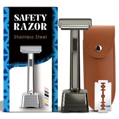 THURLADY Safety Razor with Pivoting Head, Dual-Blade Razors for Men, Reusable Metal Razor, with 20 Double Edge Blades and Stand, Smooth Close Clean Shave, Black