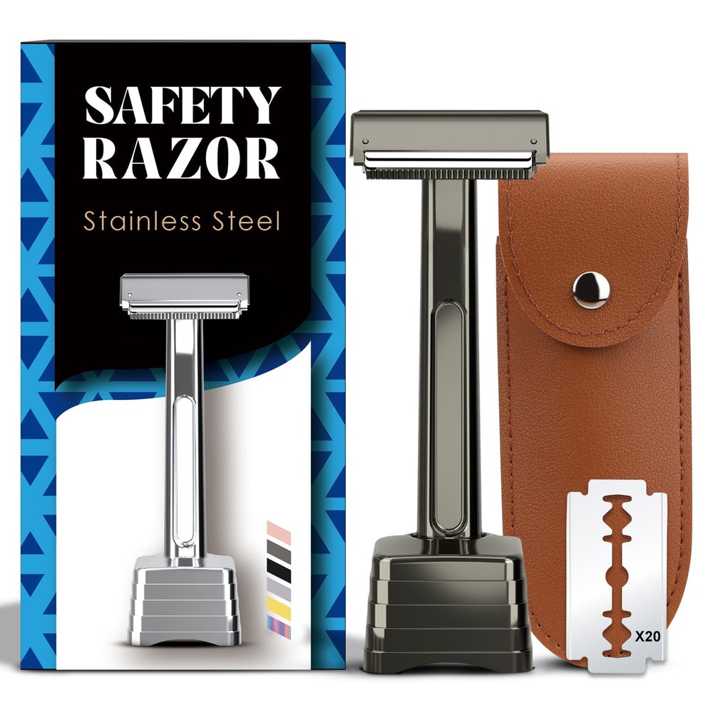 THURLADY Safety Razor with Pivoting Head, Dual-Blade Razors for Men, Reusable Metal Razor, with 20 Double Edge Blades and Stand, Smooth Close Clean Shave, Black