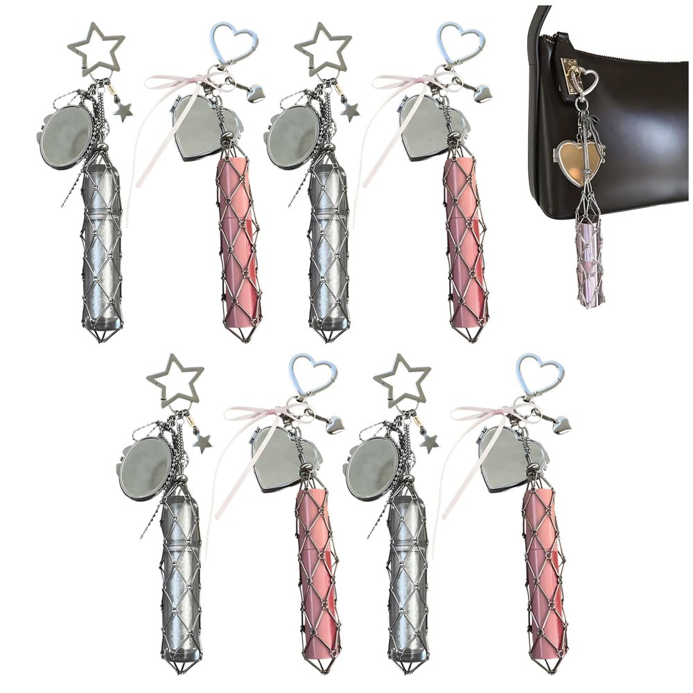 Atlodas Lipstick Holder Stainless, Chic Lip Gloss Holder with Mirror, 2in1 Lipstick Holders for Purse, Keychain Lipgloss, Small Bling Crystal Lipsticks Storage Bag Key Chain (8 Pcs)