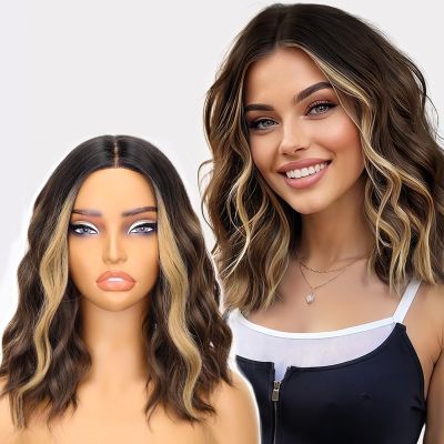 Novastel Short Ombre brown Shoulder Length Wavy Bob Wigs Human Hair with Pre Cut Lace Middle Part Heat Resistant for Women Daily Party (brown mix blonde,14 Inch)