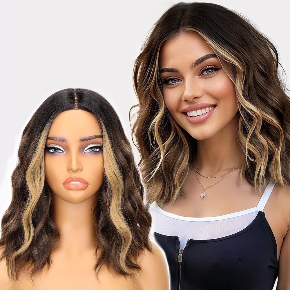 Novastel Short Ombre brown Shoulder Length Wavy Bob Wigs Human Hair with Pre Cut Lace Middle Part Heat Resistant for Women Daily Party (brown mix blonde,14 Inch)