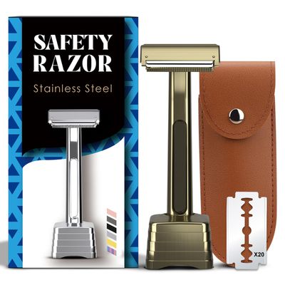 THURLADY Safety Razor with Pivoting Head, Dual-Blade Razors for Men, Reusable Metal Razor, with 20 Double Edge Blades and Stand, Smooth Close Clean Shave, Bronze