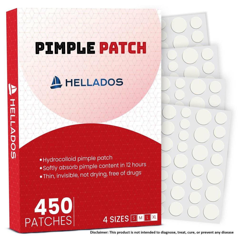 Hellados 450 Pimple Patches For Face, 4 Size Acne Patches, Hydrocolloid Zit Patches, Blemish Patches, Spot Stickers with Tea Tree Oil and Calendula Oil