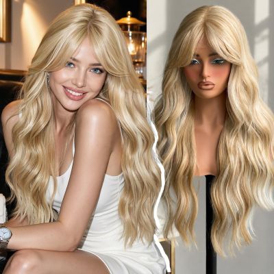KOME Blonde Highlight Wavy Synthetic Lace Front Wig With Bangs 28IN