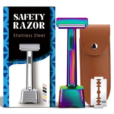 THURLADY Safety Razor with Pivoting Head, Dual-Blade Razors for Men, Reusable Metal Razor, with 20 Double Edge Blades and Stand, Smooth Close Clean Shave, Rainbow