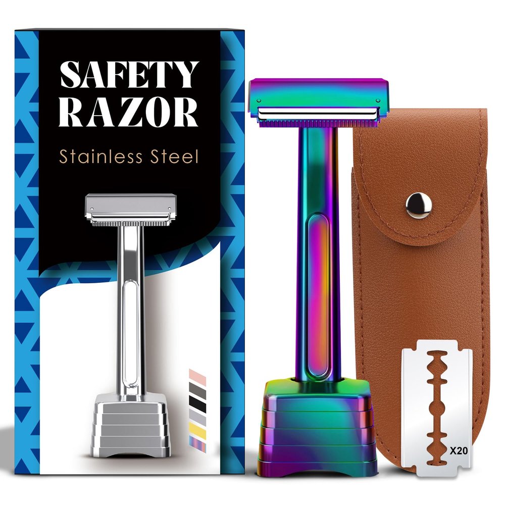 THURLADY Safety Razor with Pivoting Head, Dual-Blade Razors for Men, Reusable Metal Razor, with 20 Double Edge Blades and Stand, Smooth Close Clean Shave, Rainbow
