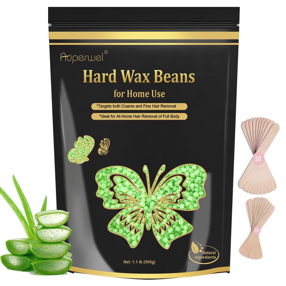 Wax Beads,Hard Wax Beads for Hair Removal - 1.1lb/17.05oz Hard Wax for Coarse Hair, Sensitive Skin, Brazilian Bikini - Wax Beans Bulk with 20 Sticks (Aloe)
