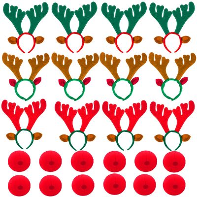YUMUWBL 12 Pcs Christmas Reindeer Headbands with 12 Pcs Reindeer Red Nose, Funny Cute Xmas Deer Hairbands with reindeer ears for Christmas Party Favors Family Holiday(Green,Brown,Red)