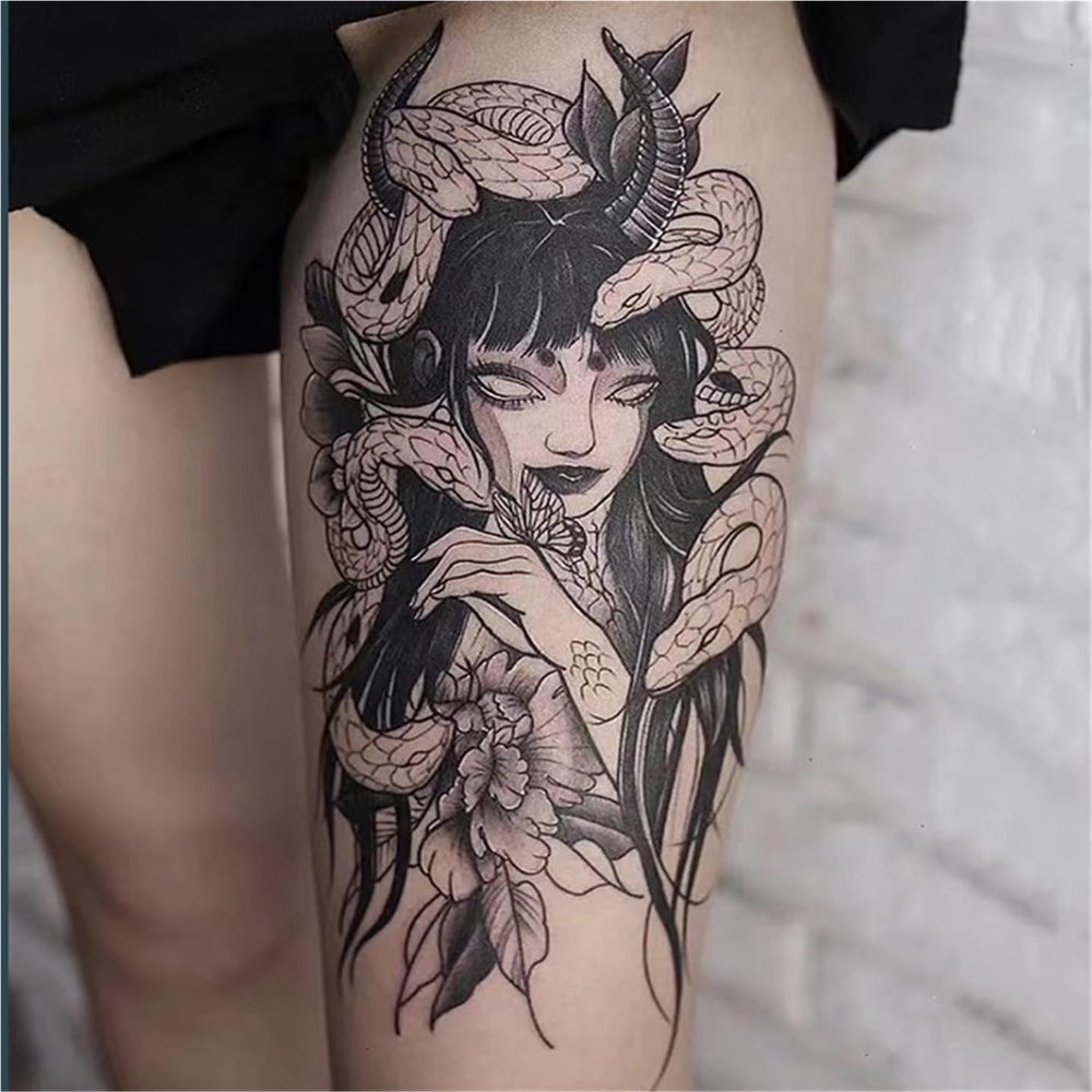 2pcs Medusa Queen Snake Temporary Tattoo Stickers For Men And Women, Semi Permanent, Non Reflective, Waterproof, Lasting For 2 Weeks, Fake Tattoos