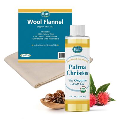 Baar Castor Oil Bundle  Cold-Pressed, Hexane-Free 8oz Palma Christos Castor Oil + Wool Flannel. Supports Natural Wellness, Detox, Skin & Hair Care