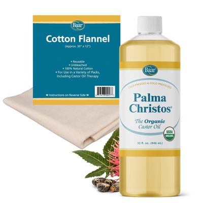 Baar Castor Oil Bundle  Cold-Pressed, Hexane-Free 32 oz Palma Christos Castor Oil + Cotton Flannel. Supports Natural Wellness, Detox, Skin & Hair Care