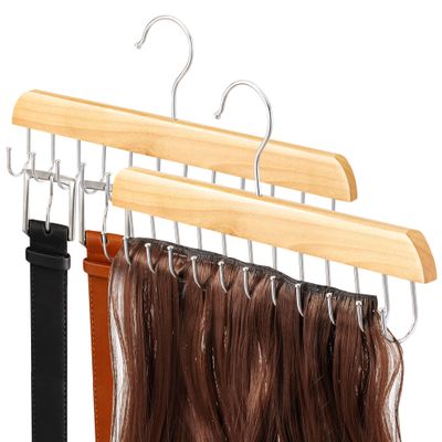 2 Pack Wood Hair Extension Holder for Hair Storing, Washing, Drying, Coloring, Styling, Foldable Belt Hanger, Rotating Multi-Purpose Hooks Hanger, Hanging Closet Organizer