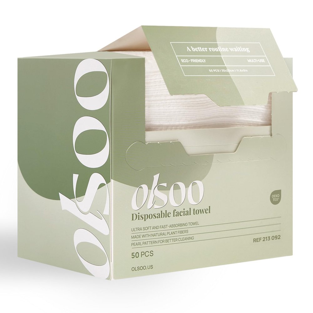 OLSOO Clean Face Towels XL 100% Viscose, OEKO-TEX Certified, Ultra Soft Disposable Towels, Super Absorbent & Eco-Friendly for All Skin Types (50 Count)